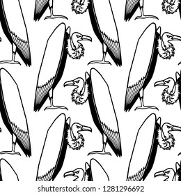 Vector seamless pattern with hand drawn creepy and comic vultures. Ink drawing, beautiful Halloween design elements.