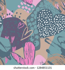 Vector seamless pattern with hand drawn hearts in sketch style and abstract texture. Beautiful collage Valentine s Day endless background for wrapping paper, textile, cards