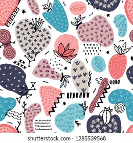 Vector seamless pattern with hand drawn abstract shapes. Spotted and textured figures. Unique design. Creative background. Applique. Freehand style. Wallpaper, textile, wrapping, print on clothes