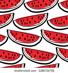 Vector seamless pattern with hand drawn textured watermelons. Beautiful ink drawing, heavy contour, graphic style. Food design elements.