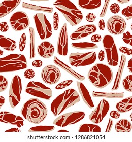 Vector seamless pattern with hand drawn slices of cured meats. Beautiful food design elements, perfect for prints and patterns