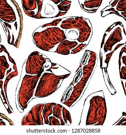 Vector seamless pattern with hand drawn raw meat cuts. Beautiful food design elements, perfect for prints and patterns