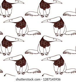 Vector seamless pattern with hand drawn cute anteaters. Beautiful ink drawing, sketch style. Perfect for prints and patterns