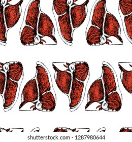 Vector seamless pattern with hand drawn raw meat cuts. Beautiful food design elements, perfect for prints and patterns