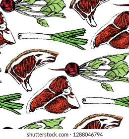 Vector seamless pattern with hand drawn raw meat cuts and vegetables drawn with black chalk. Beautiful food design elements, perfect for prints and patterns