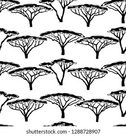 Vector seamless pattern with hand drawn Umbrella Thorn Acacias. Beautiful design elements, ink drawing, perfect for prints and patterns