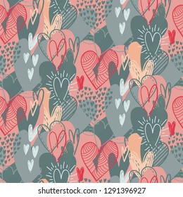 Vector seamless pattern with hand drawn hearts in sketch style. Beautiful colorful Valentine s Day endless background for wrapping paper, textile, cards