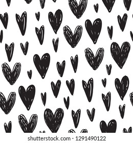 Vector seamless pattern with hand drawn hearts in sketch style. Monochrome graphic Valentine s Day endless background for wrapping paper, textile, cards