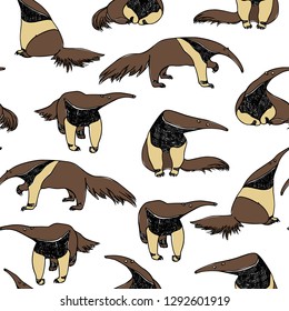 Vector seamless pattern with hand drawn cute anteaters. Beautiful ink drawing, sketch style. Perfect for prints and patterns