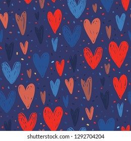 Vector seamless pattern with hand drawn hearts in sketch style. Beautiful colorful Valentine s Day endless background for wrapping paper, textile, cards