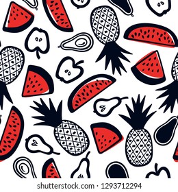 Vector seamless pattern with hand drawn pineapples, apples and watermelons. Beautiful ink drawing, heavy contour, graphic style. Food design elements.