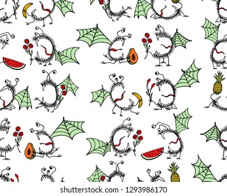Vector seamless pattern with hand drawn cute monsters with fruits and flowers. Graphic style, ink drawing. Beautiful design elements, perfect for prints and patterns