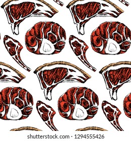 Vector seamless pattern with hand drawn raw meat cuts. Beautiful food design elements, perfect for prints and patterns