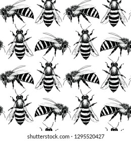 Vector seamless pattern with hand drawn honey bees made with ink. Beautiful design elements, perfect for prints and patterns