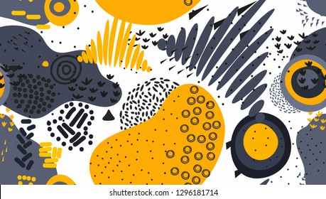 Vector seamless pattern with hand drawn abstract shapes. Creative background. Applique.  Spotted and textured figures. Unique design. Freehand style. Wallpaper, textile, wrapping, print on clothes