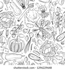 Vector seamless pattern with  hand drawn  vegetables on white background. 