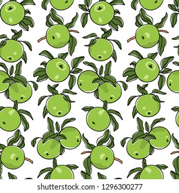 Vector seamless pattern with hand drawn green apples. Beautiful food design elements. Ink drawing, perfect for prints and patterns