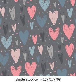 Vector seamless pattern with hand drawn hearts in sketch style. Beautiful colorful Valentine s Day endless background for wrapping paper, textile, cards