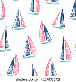 Vector seamless pattern with hand drawn sailing ships. Hand drawn with chalk sailing boats. Beautiful design elements, perfect for nursery.