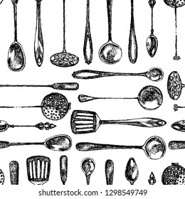 Vector seamless pattern with hand drawn kitchen utensils and silver spoons. Hand drawn with chalk vintage spoons. Beautiful kitchen design elements