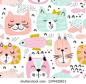 Vector seamless pattern with hand drawn colorful cat faces. Fabric design, endless print for children.