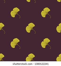 Vector seamless pattern with hand drawn vintage leaves and branch of ginkgo biloba. 