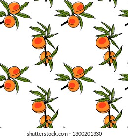 Vector seamless pattern with hand drawn peach twigs. Beautiful food design elements. Ink drawing, perfect for prints and patterns