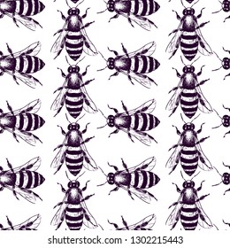 Vector seamless pattern with hand drawn honey bees made with ink. Beautiful design elements, perfect for prints and patterns