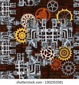 Vector seamless pattern with hand drawn elements. Abstract industrial background with fictional gearwheels and abstract details of machines illustrating retro technology or steampunk concept. 