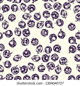 Vector seamless pattern with hand drawn onion bulbs made with black chalk. Vegetarian, healthy food illustration. Beautiful design elements, perfect for prints and patterns