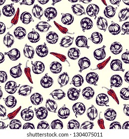 Vector seamless pattern with hand drawn onion bulbs and dred chili peppers made with black chalk. Vegetarian, healthy food illustration. Beautiful design elements, perfect for prints and patterns