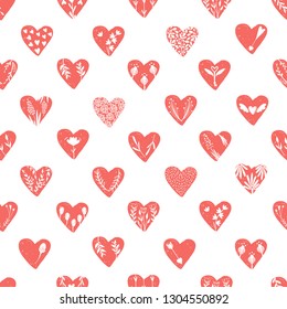 Vector seamless pattern with hand drawn hearts isolated on transparent background. Love valentines day clipart. Heart shape decorated floral elements: rose, tulip, key with wings, arrows