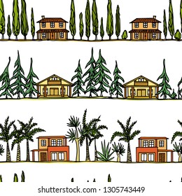 Vector seamless pattern with hand drawn houses and trees of different climatic zones arranged in lines. Ink drawing, graphic style. Beautiful design elements.