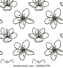 Vector seamless pattern with hand drawn sakura flowers made with ink. Delicate and romantic floral design elements, perfect for prints and patterns