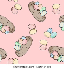 Vector seamless pattern with hand drawn bird nests with easter eggs. Comic style print