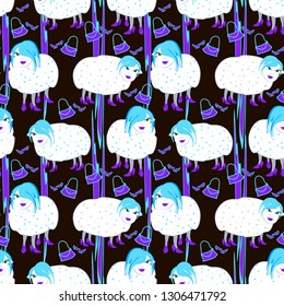 Vector seamless pattern. Hand drawn neon purple and blue fashionista sheeps on black background for design, cover page, wall decor, banner, card, wallpaper, print.