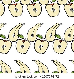 Vector seamless pattern with hand drawn apples and pears. Vegetarian, healthy food illustration. Beautiful design elements.