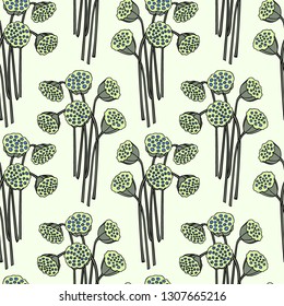 Vector seamless pattern with hand drawn lotus seed pods. Beautiful floral design elements, ink drawing, perfect for prints and patterns