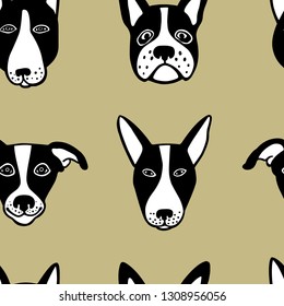 Vector seamless pattern with hand drawn dog heads. Beautiful animal design elements, ink drawing, heavy contours, perfect for prints and patterns