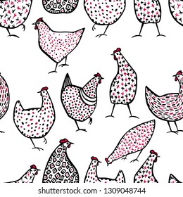 Vector seamless pattern with hand drawn chickens. Beautiful ink drawing, heavy contour, abstract design elements. Perfect elements for food or farming design.