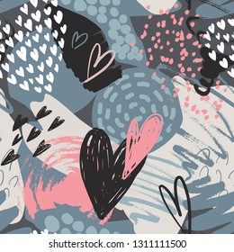 Vector seamless pattern with hand drawn hearts in sketch style and abstract texture. Beautiful collage Valentine s Day endless background for wrapping paper, textile, cards