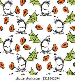 Vector seamless pattern with hand drawn cute monsters with papayas. Graphic style, ink drawing.  