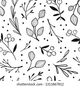 Vector seamless pattern with hand drawn flowers, leaves, berries. Floral graphic design with dots.  Hand drawn vector botany texture. Sketch style monochrome background for seasonal textile, paper