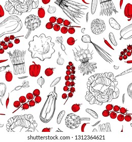 Vector seamless pattern with  hand drawn  vegetables on white background. 