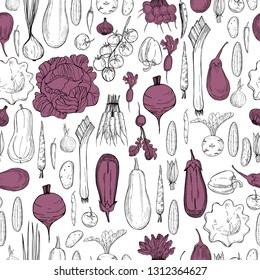 Vector seamless pattern with  hand drawn  vegetables on white background. 