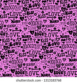 Vector seamless pattern with hand drawn hearts and words love for Valentine day. Background with doodle hearts, lettering. Hand drawn vector doodle Valentines background. Love letters texture in pink