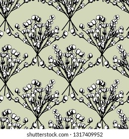 Vector seamless pattern with hand drawn cotton flowers. Beautiful floral design, ink drawing.