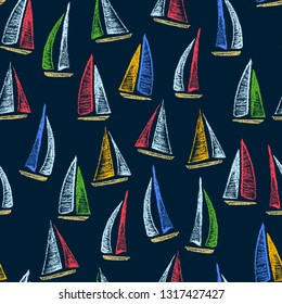 Vector seamless pattern with hand drawn colorful sailing ships. Hand drawn with chalk sailing boats. Beautiful design elements, perfect for nursery.