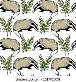 Vector seamless pattern with hand drawn badgers in floral wreath made with ink. Beautiful animal design elements, perfect for prints and patterns