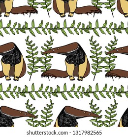 Vector seamless pattern with hand drawn cute anteaters in floral wreath. Beautiful ink drawing, sketch style. Perfect for prints and patterns